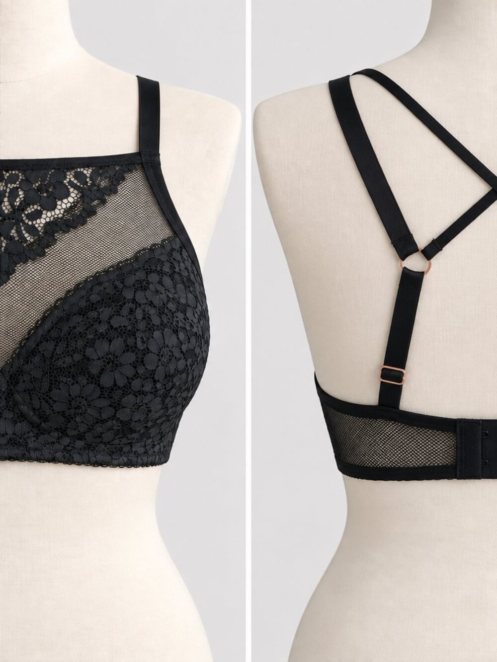 xhiliration Black Lace High Neck Strappy Bralette